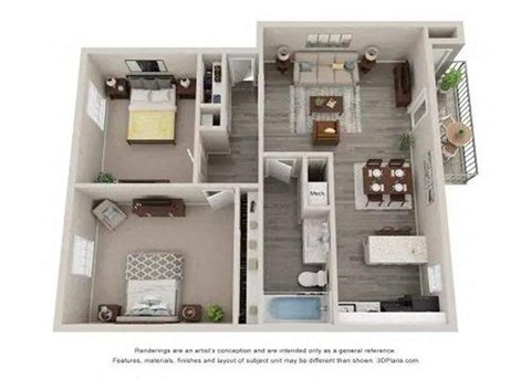 Floor plan for 2 beds, 1 bath, 790 sqft